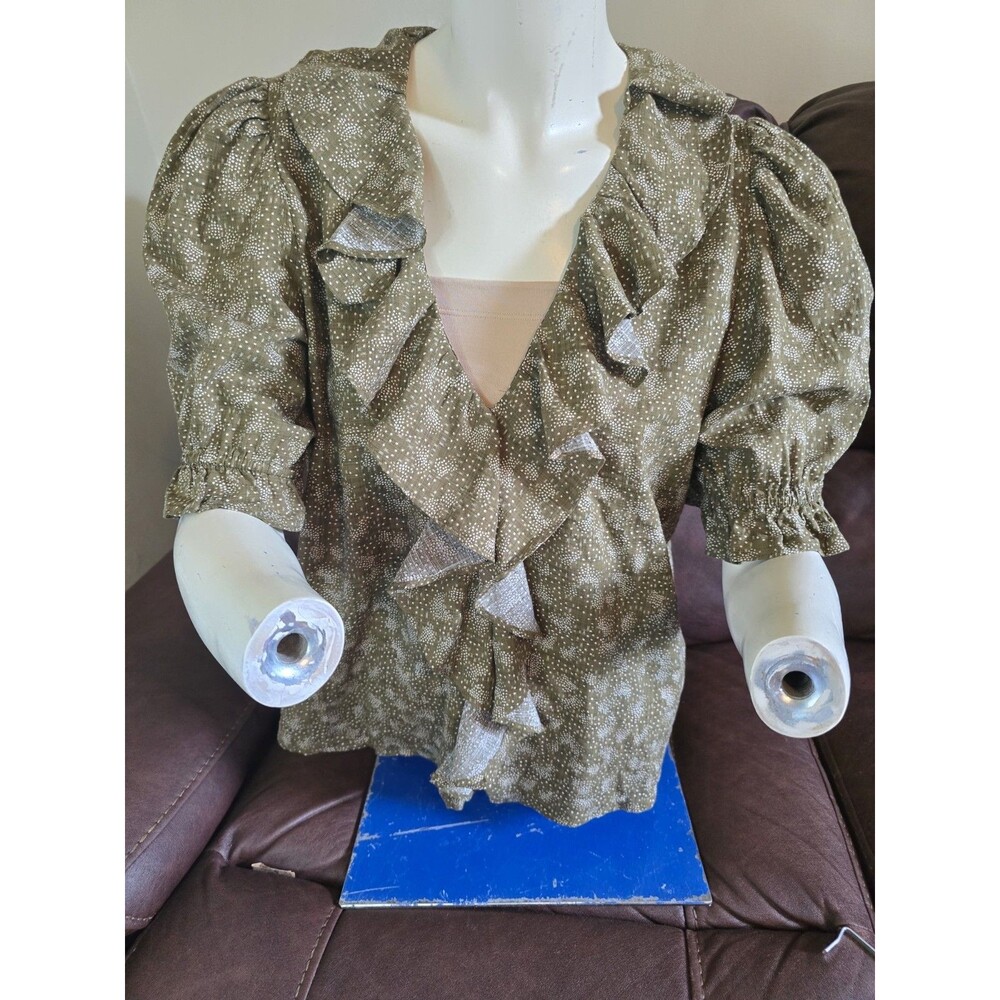 LOFT Outlet Women's L Green Polka Dot V-Neck Ruffle 3/4 Puff Sleeve Blouse